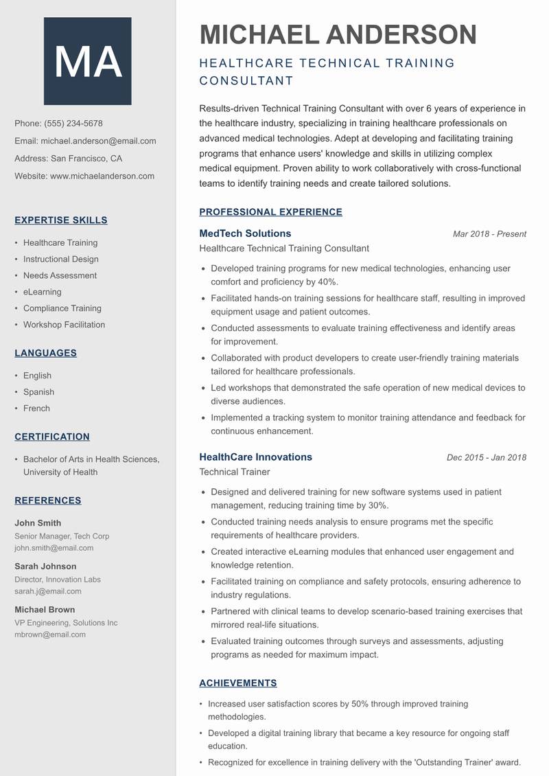 Technical Training Consultant resume sample — Healthcare Technical Training Consultant focus
