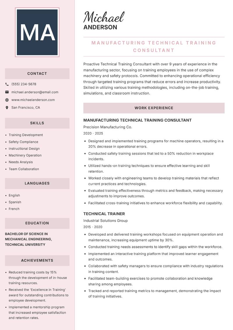 Technical Training Consultant resume sample — Manufacturing Technical Training Consultant focus