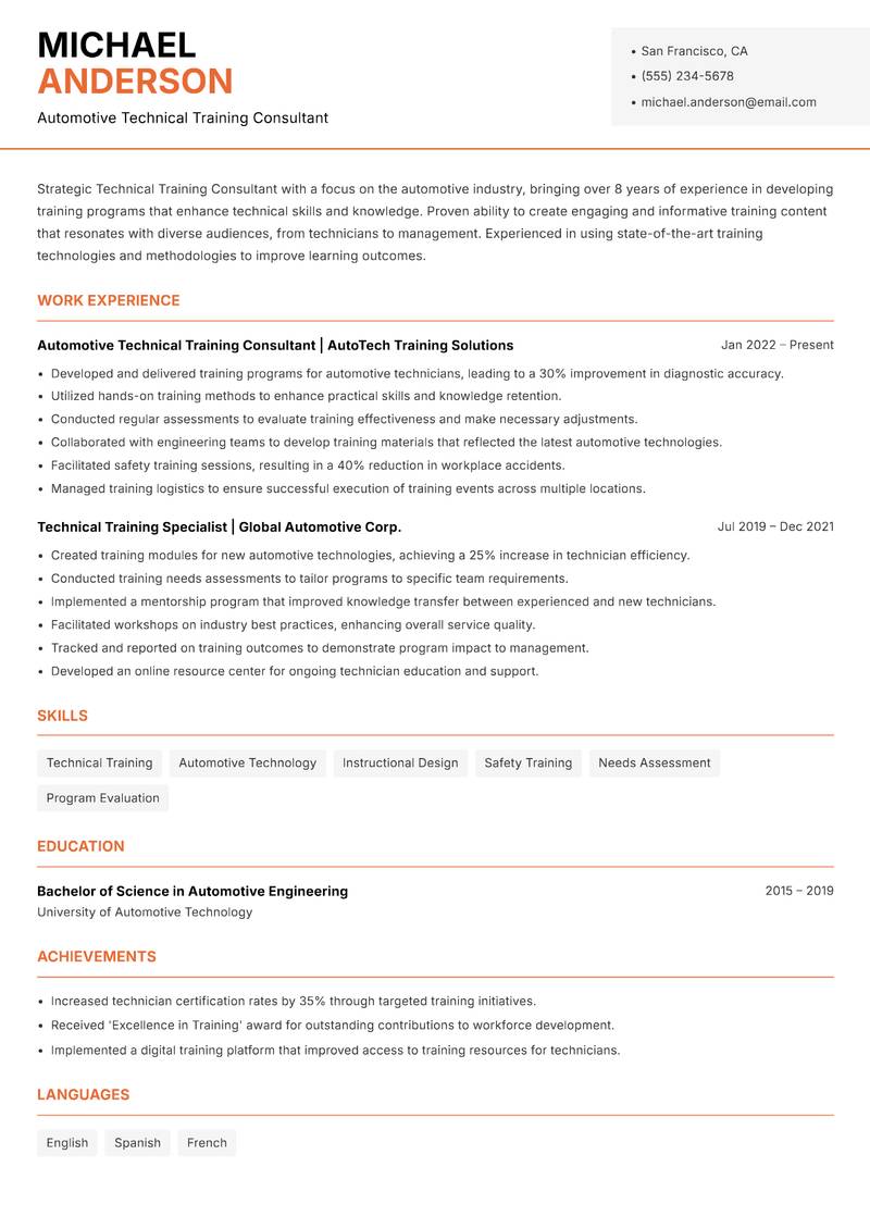 Technical Training Consultant resume sample — Automotive Technical Training Consultant focus