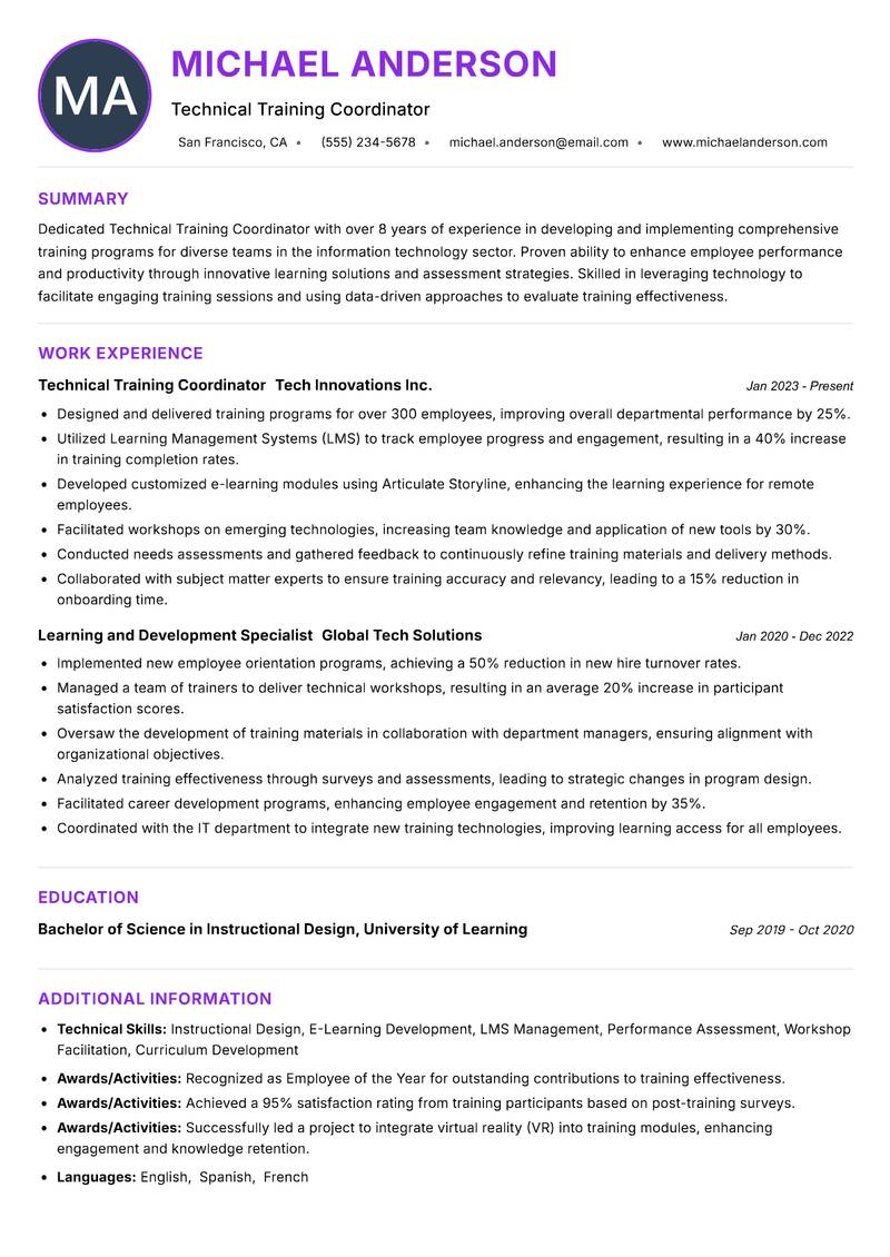Technical Training Coordinator resume example