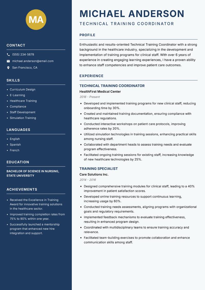 Technical Training Coordinator resume sample — Technical Training Coordinator focus