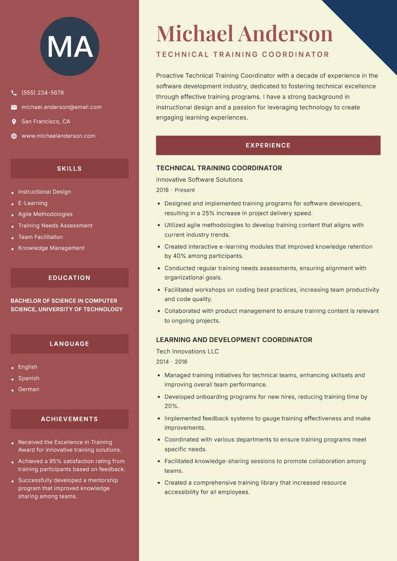 Technical Training Coordinator resume sample — Technical Training Coordinator focus