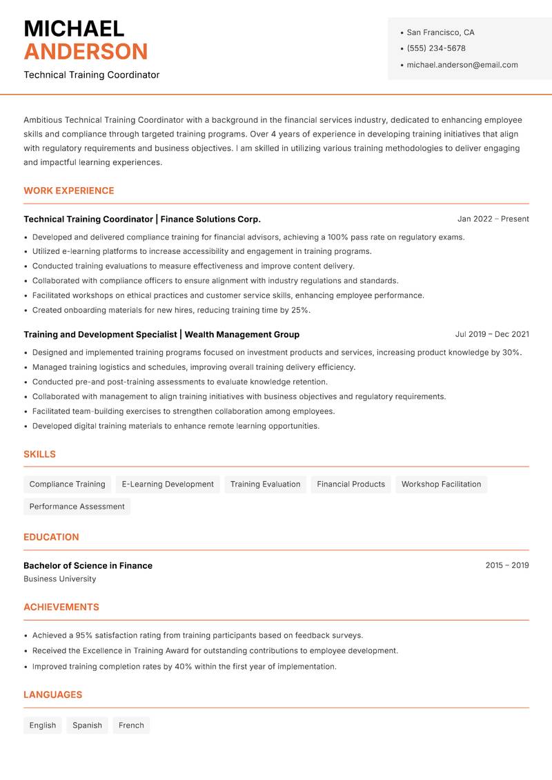 Technical Training Coordinator resume sample — Technical Training Coordinator focus