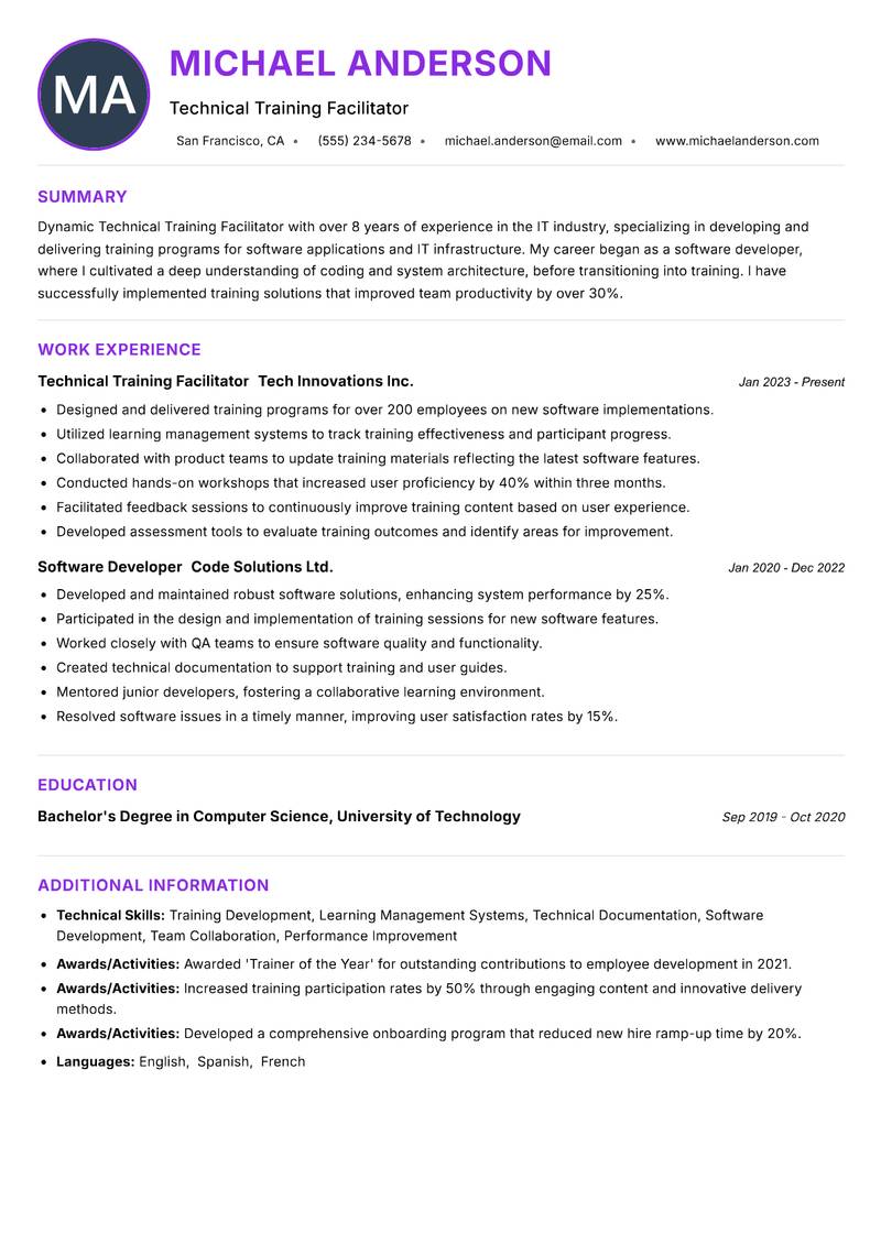 Technical Training Facilitator resume example