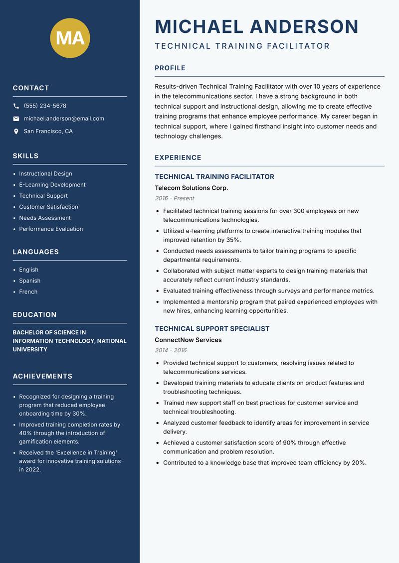 Technical Training Facilitator resume sample — Technical Training Facilitator focus