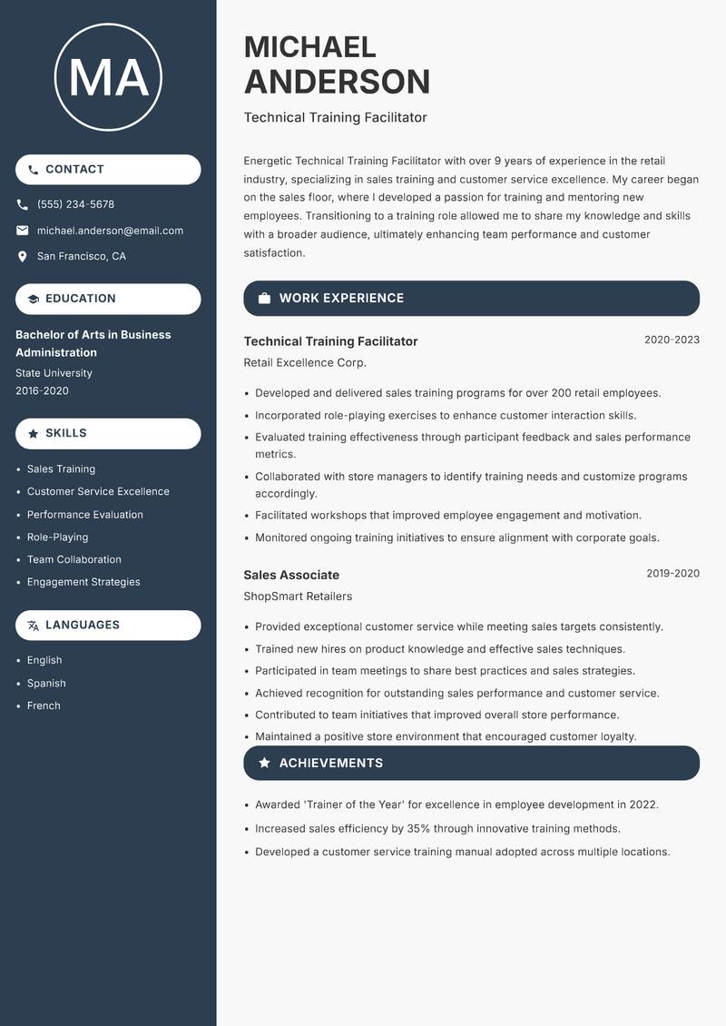 Technical Training Facilitator resume sample — Technical Training Facilitator focus
