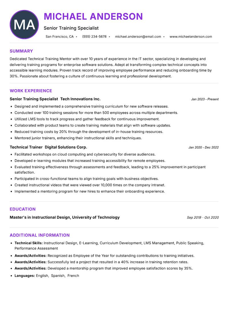 Technical Training Mentor resume example