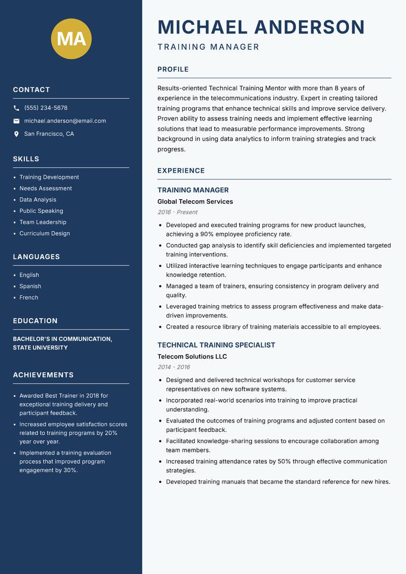 Technical Training Mentor resume sample — Training Manager focus