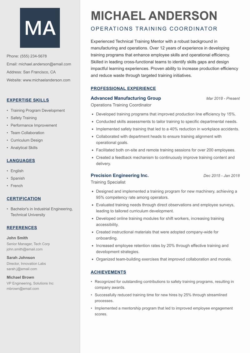 Technical Training Mentor resume sample — Operations Training Coordinator focus