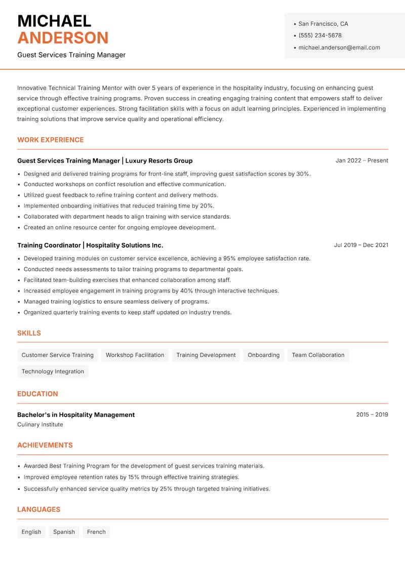 Technical Training Mentor resume sample — Guest Services Training Manager focus