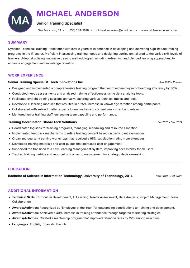Technical Training Practitioner resume example