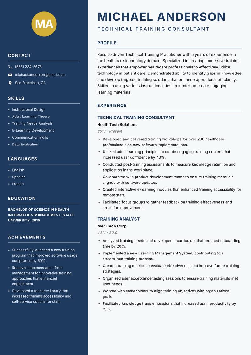 Technical Training Practitioner resume sample — Technical Training Consultant focus