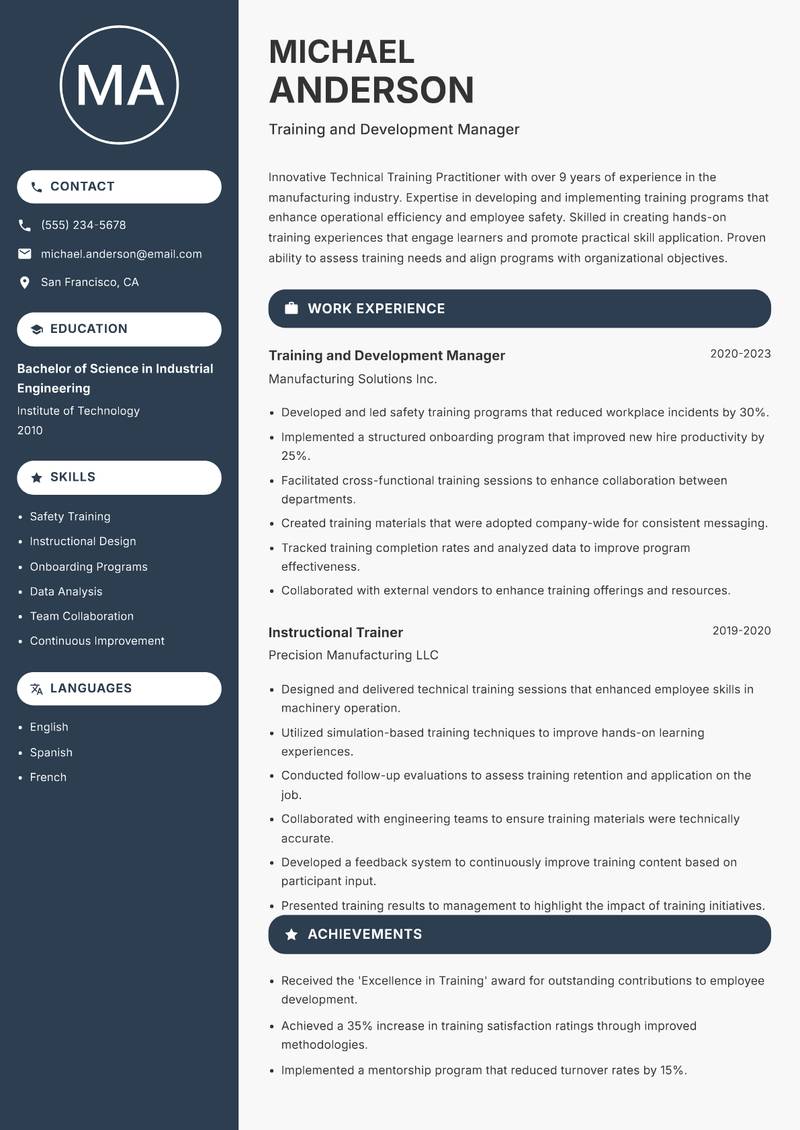 Technical Training Practitioner resume sample — Training and Development Manager focus