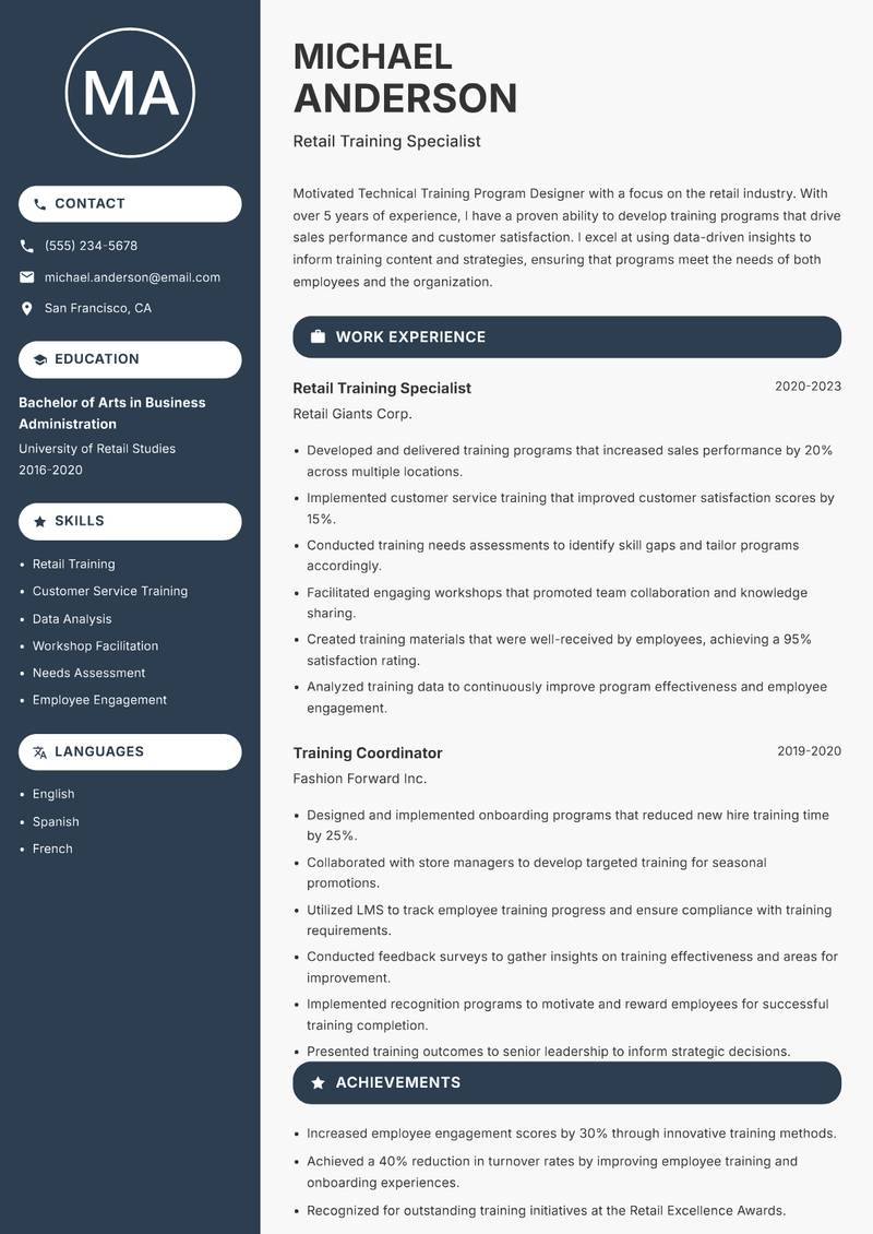 Technical Training Program Designer resume sample — Retail Training Specialist focus
