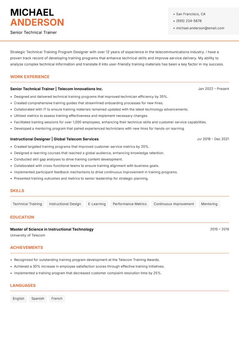 Technical Training Program Designer resume sample — Senior Technical Trainer focus