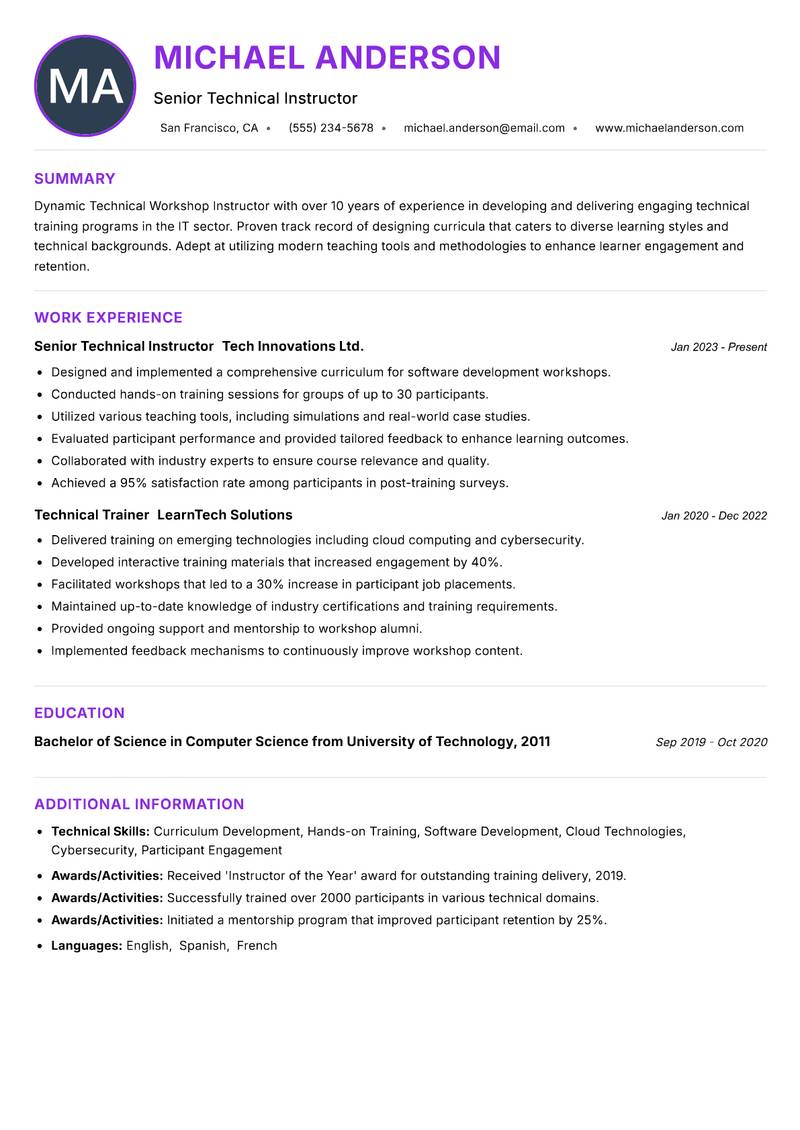 Technical Workshop Instructor resume example