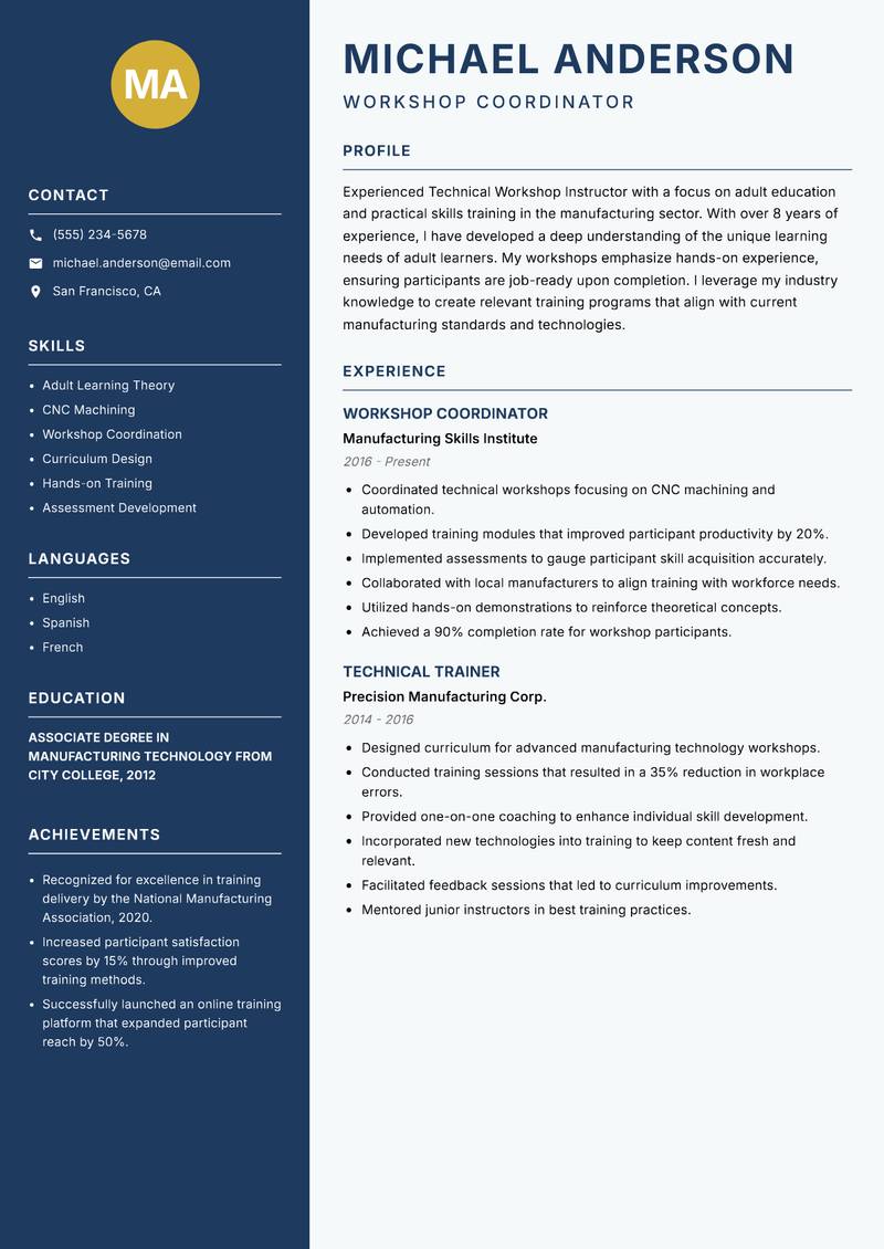 Technical Workshop Instructor resume sample — Workshop Coordinator focus