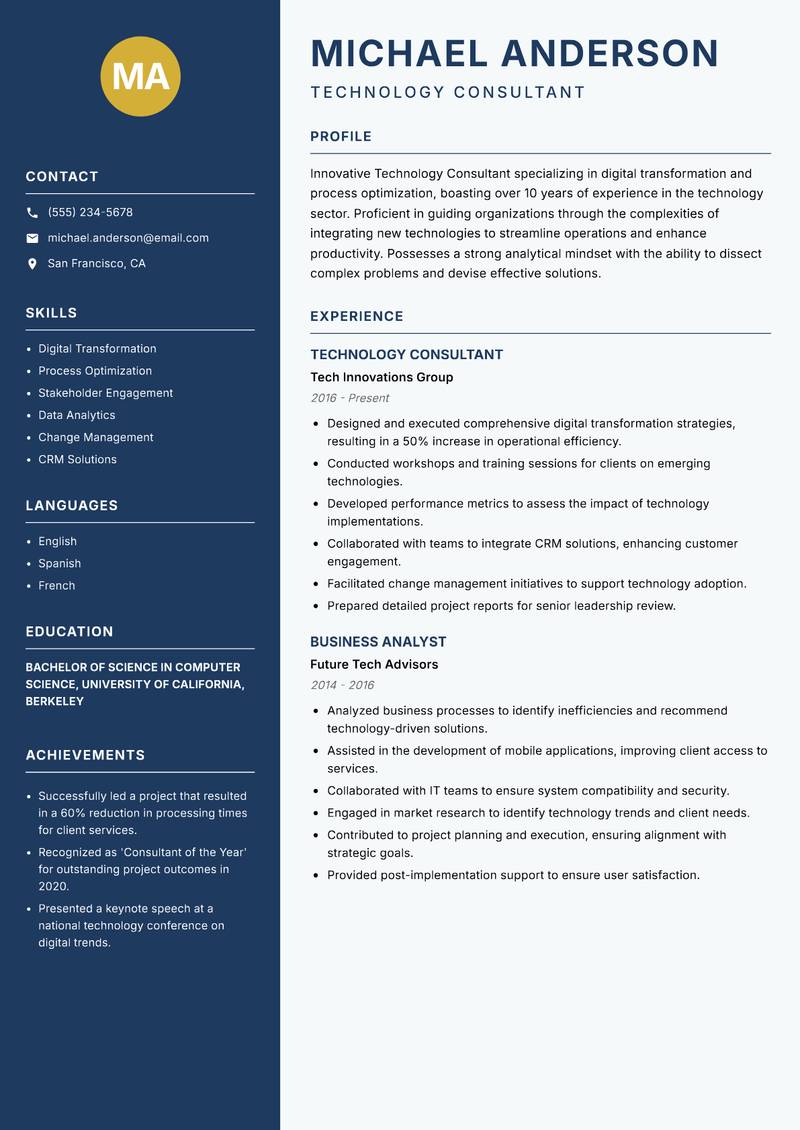 Technology Consultant resume sample — Technology Consultant focus