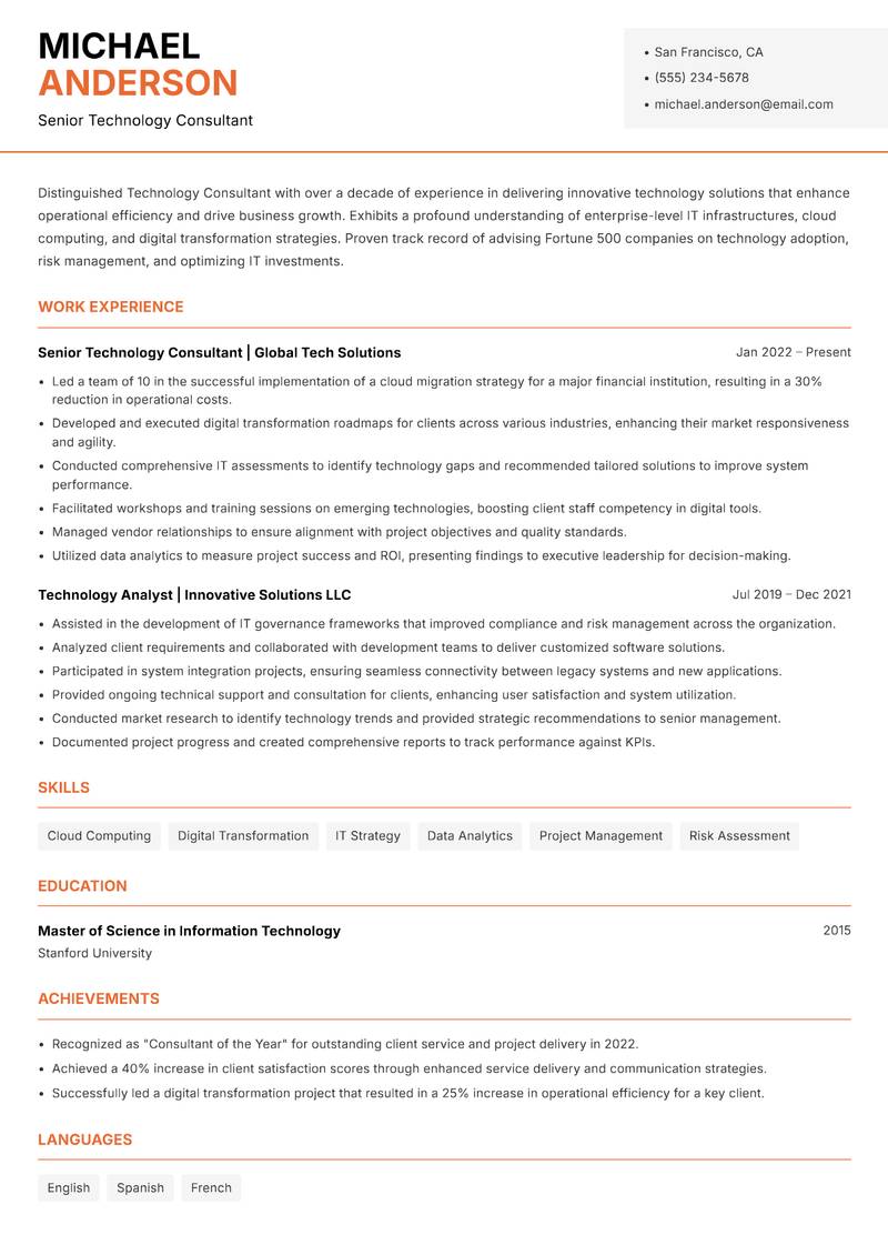 Technology Consultant resume sample — Senior Technology Consultant focus