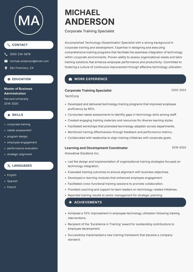 Technology Dissemination Specialist resume sample — Corporate Training Specialist focus