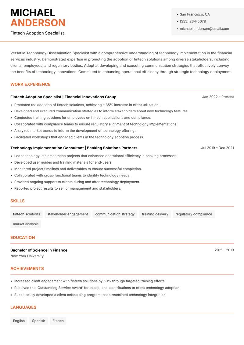 Technology Dissemination Specialist resume sample — Fintech Adoption Specialist focus