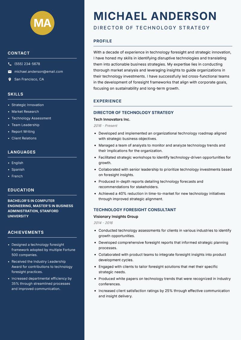 Technology Foresight Analyst resume sample — Director of Technology Strategy focus