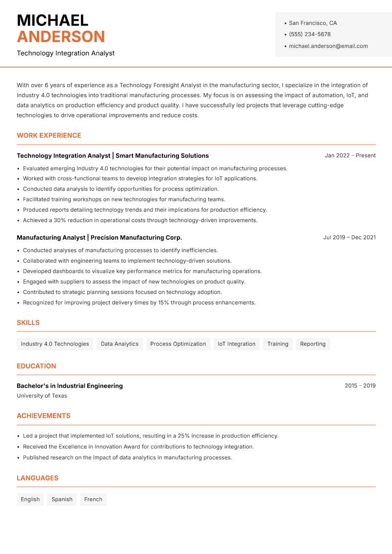 Technology Foresight Analyst resume sample — Technology Integration Analyst focus