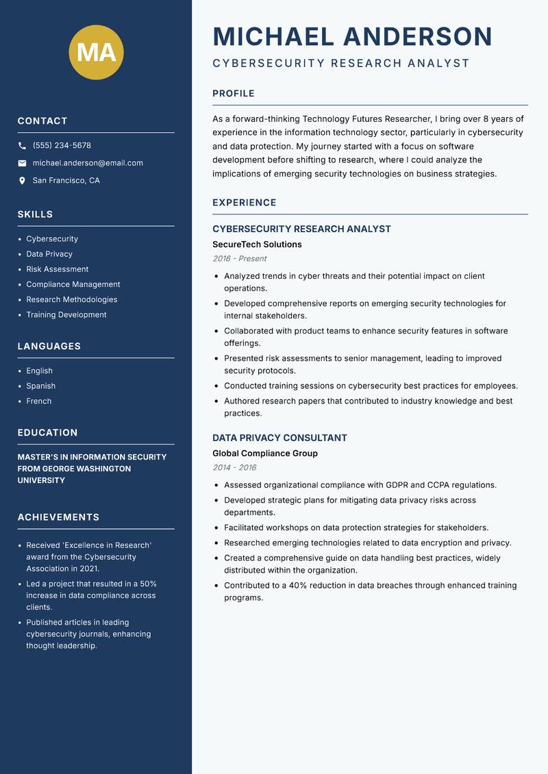Technology Futures Researcher resume sample — Cybersecurity Research Analyst focus