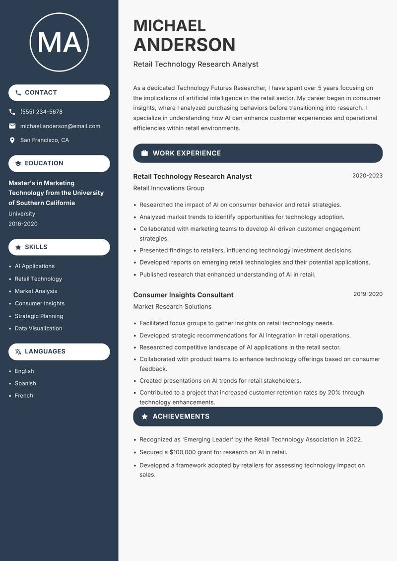 Technology Futures Researcher resume sample — Retail Technology Research Analyst focus