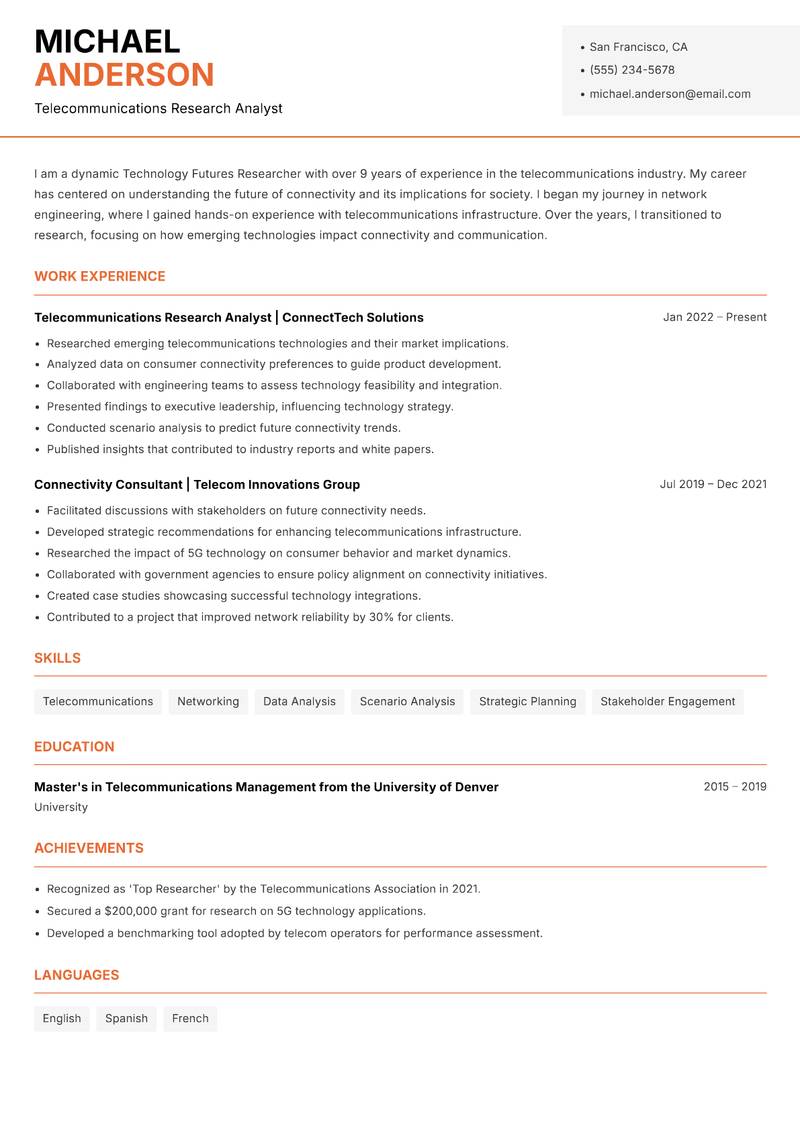 Technology Futures Researcher resume sample — Telecommunications Research Analyst focus