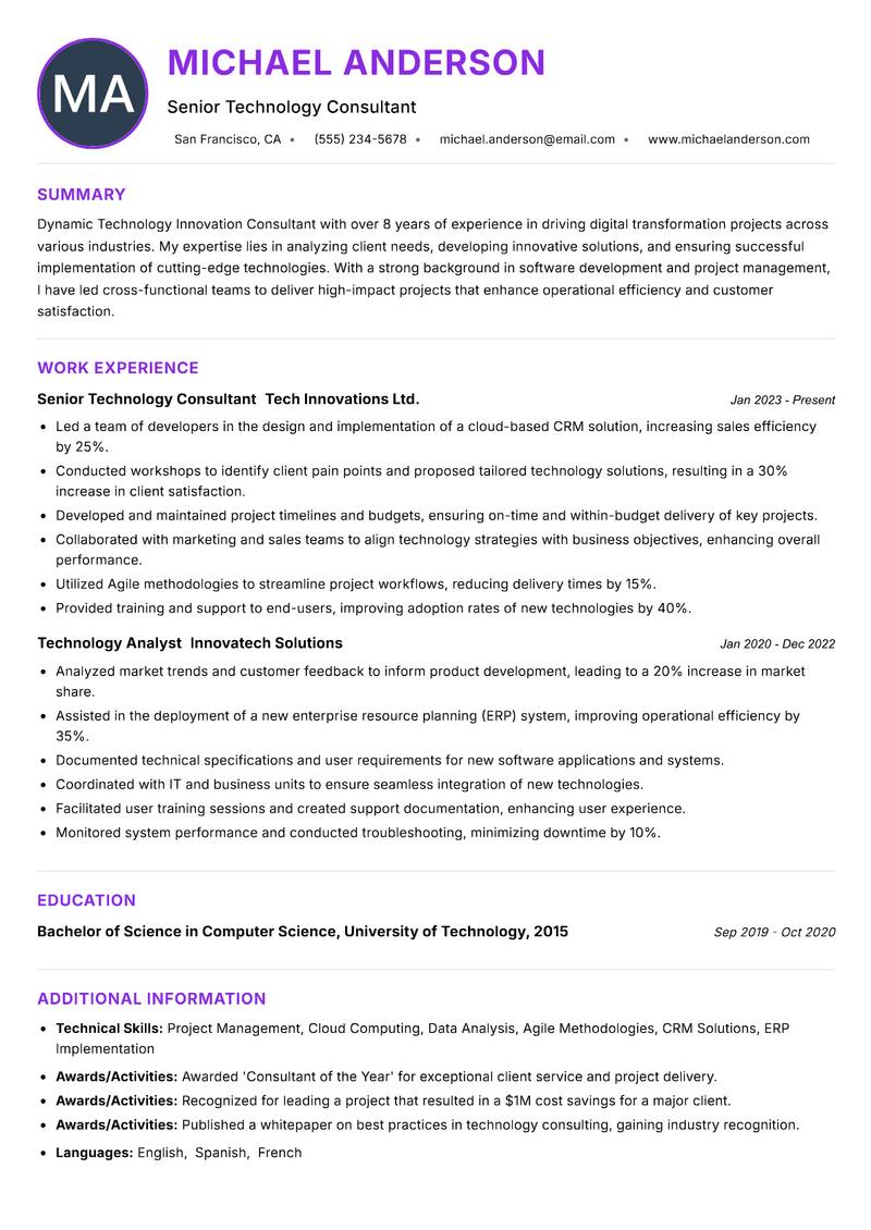 Technology Innovation Consultant resume example