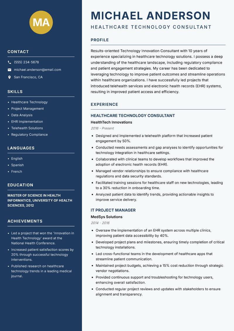 Technology Innovation Consultant resume sample — Healthcare Technology Consultant focus