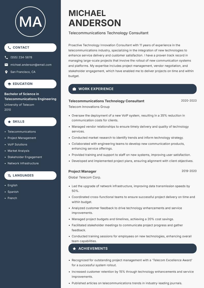 Technology Innovation Consultant resume sample — Telecommunications Technology Consultant focus