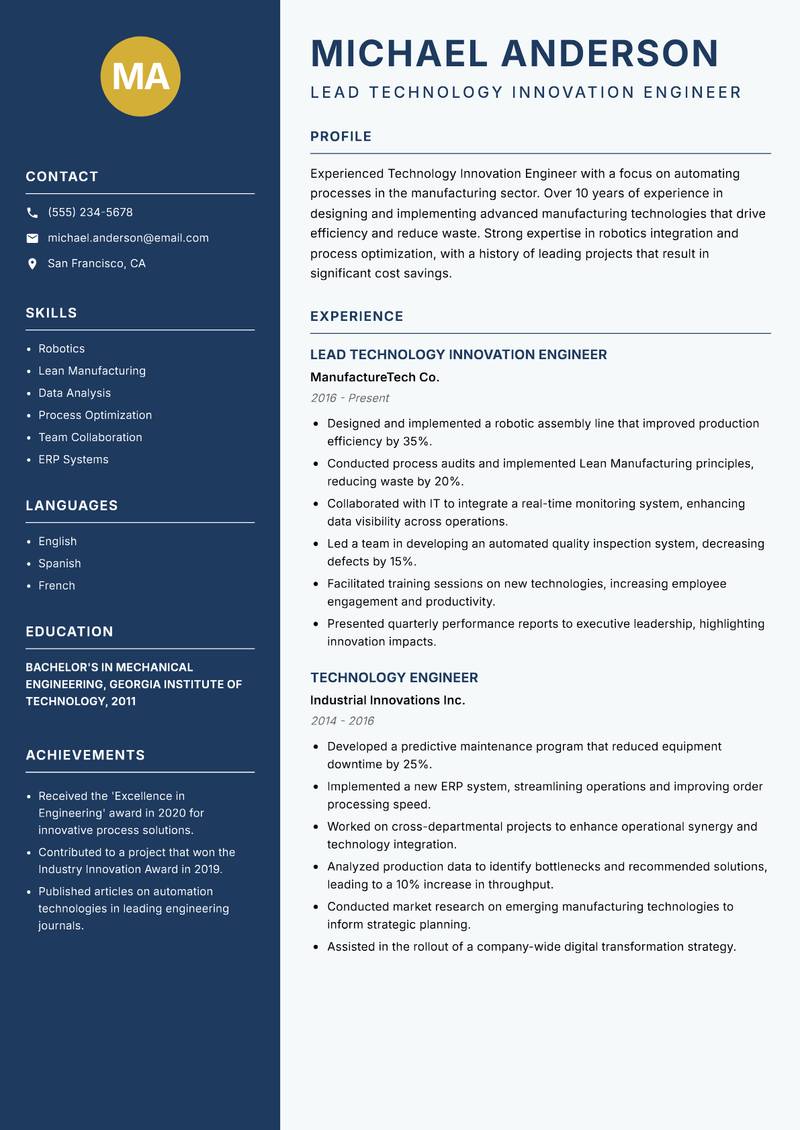 Technology Innovation Engineer resume sample — Lead Technology Innovation Engineer focus