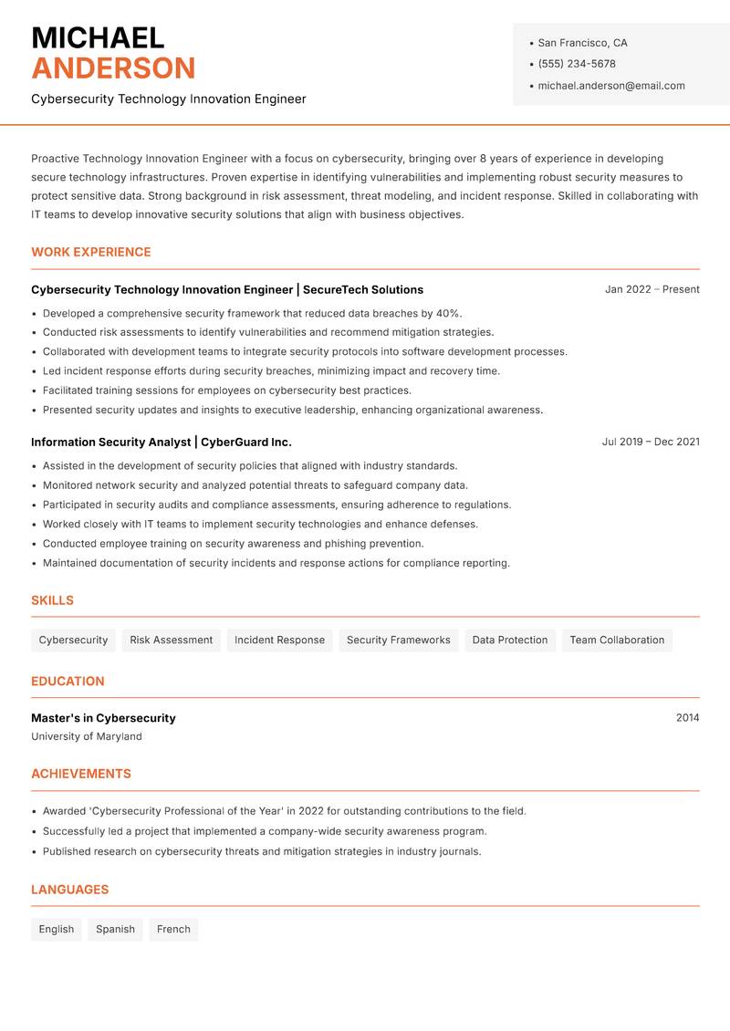 Technology Innovation Engineer resume sample — Cybersecurity Technology Innovation Engineer focus