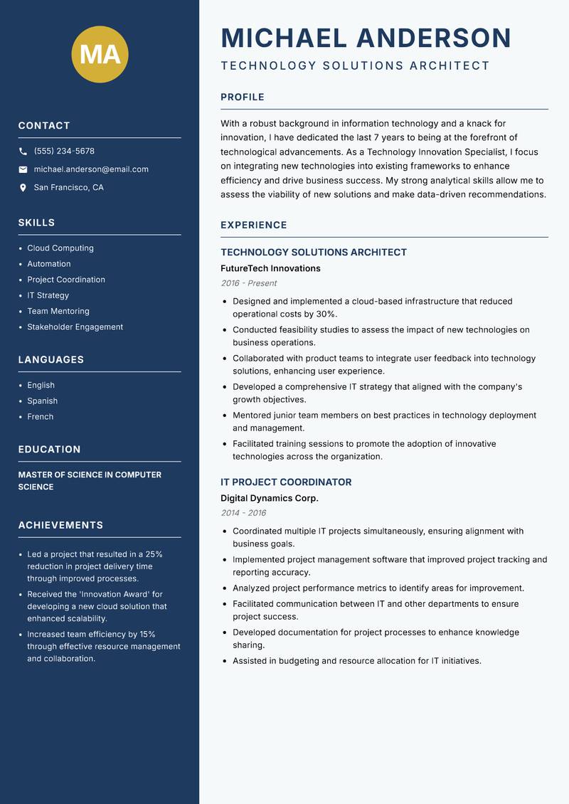 Technology Innovation Specialist resume sample — Technology Solutions Architect focus