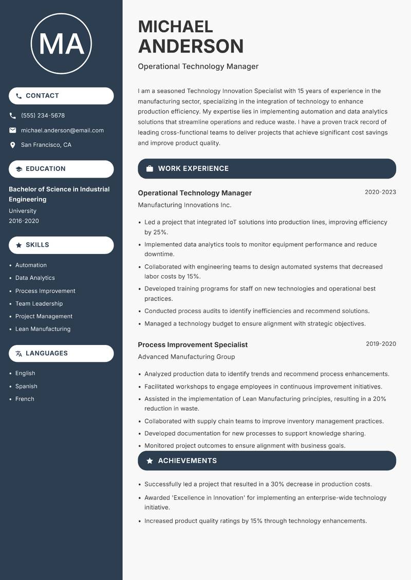 Technology Innovation Specialist resume sample — Operational Technology Manager focus