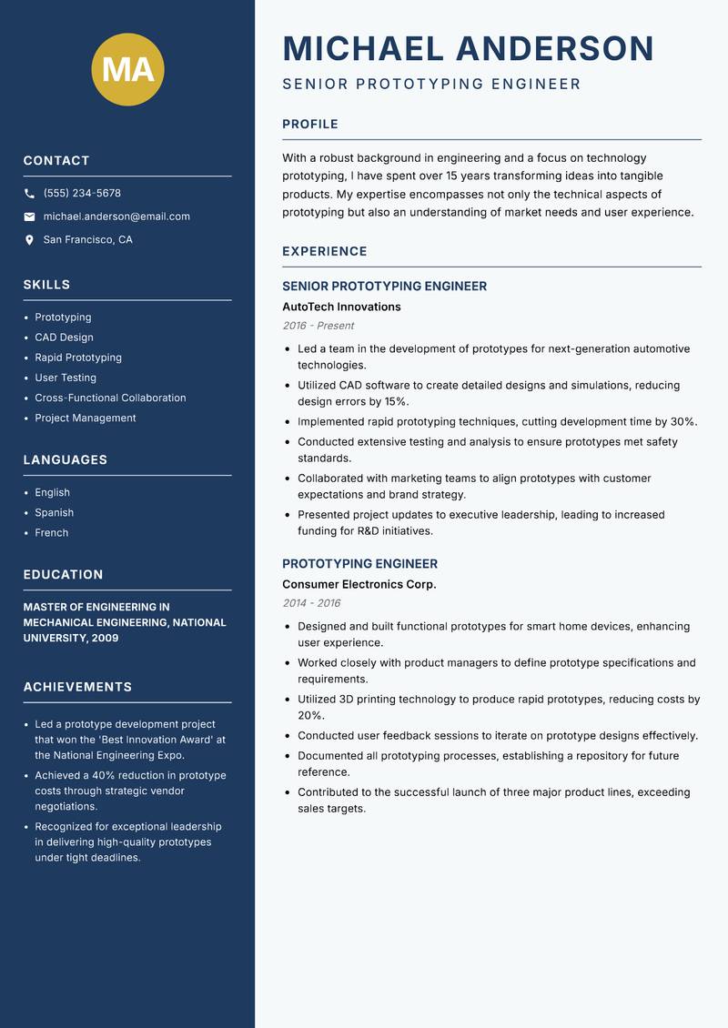 Technology Prototyping Specialist resume sample — Senior Prototyping Engineer focus