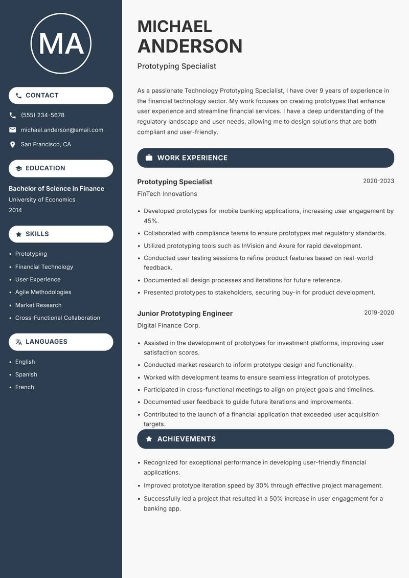 Technology Prototyping Specialist resume sample — Prototyping Specialist focus