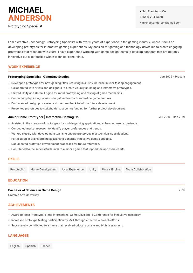 Technology Prototyping Specialist resume sample — Prototyping Specialist focus