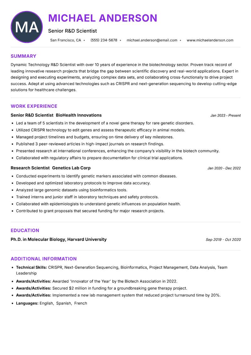 Technology R&D Scientist resume example