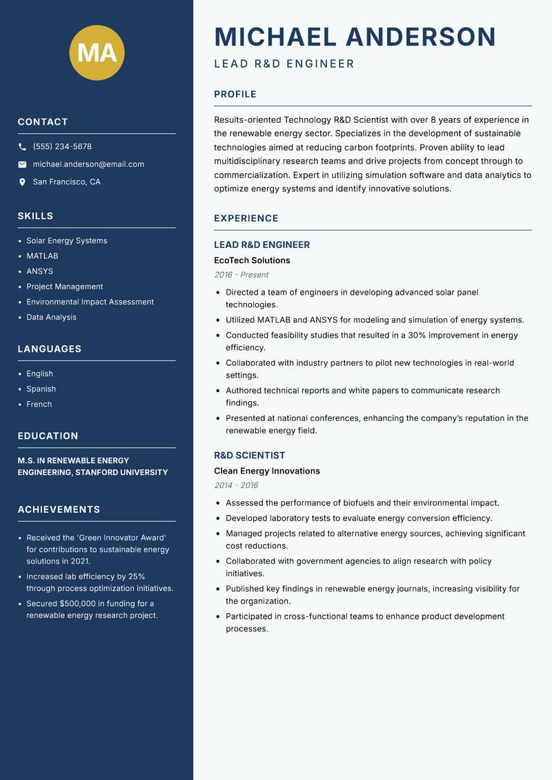 Technology R&D Scientist resume sample — Lead R&D Engineer focus
