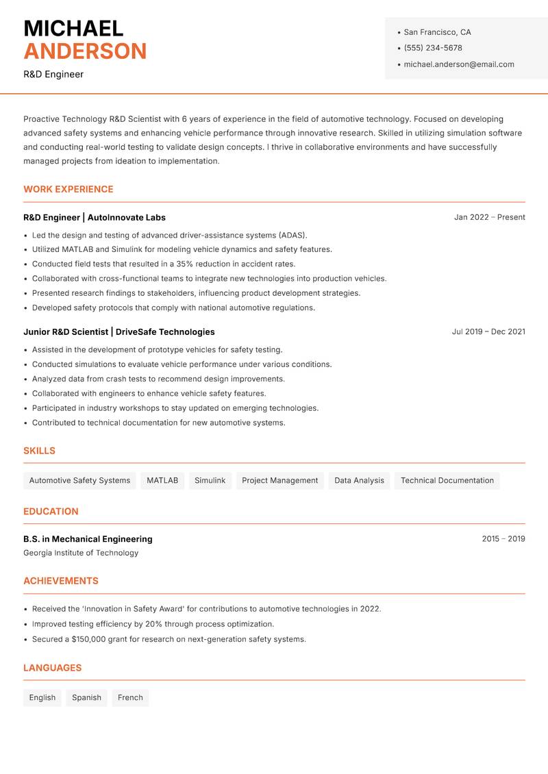 Technology R&D Scientist resume sample — R&D Engineer focus