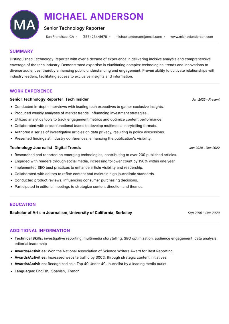 Technology Reporter resume example