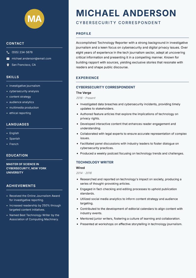 Technology Reporter resume sample — Cybersecurity Correspondent focus