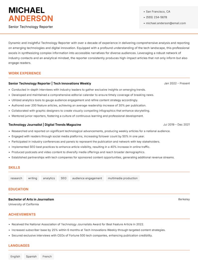 Technology Reporter resume sample — Senior Technology Reporter focus
