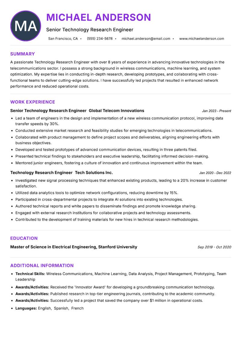 Technology Research Engineer resume example