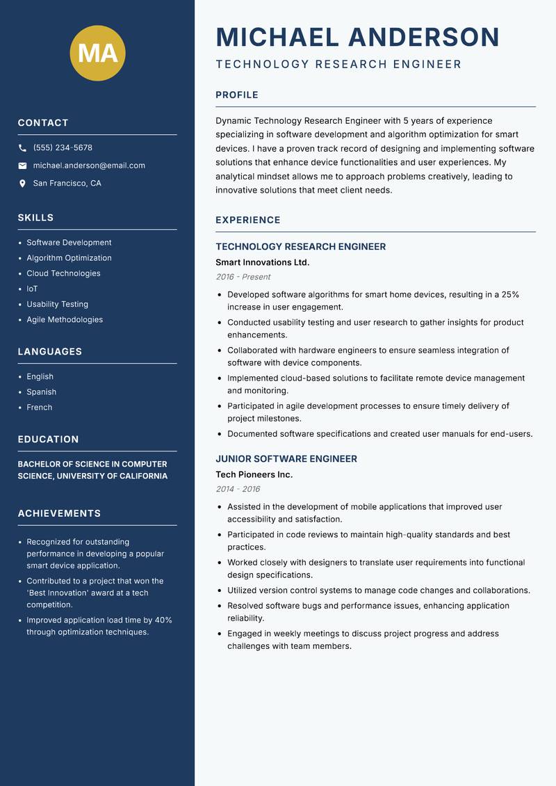 Technology Research Engineer resume sample — Technology Research Engineer focus