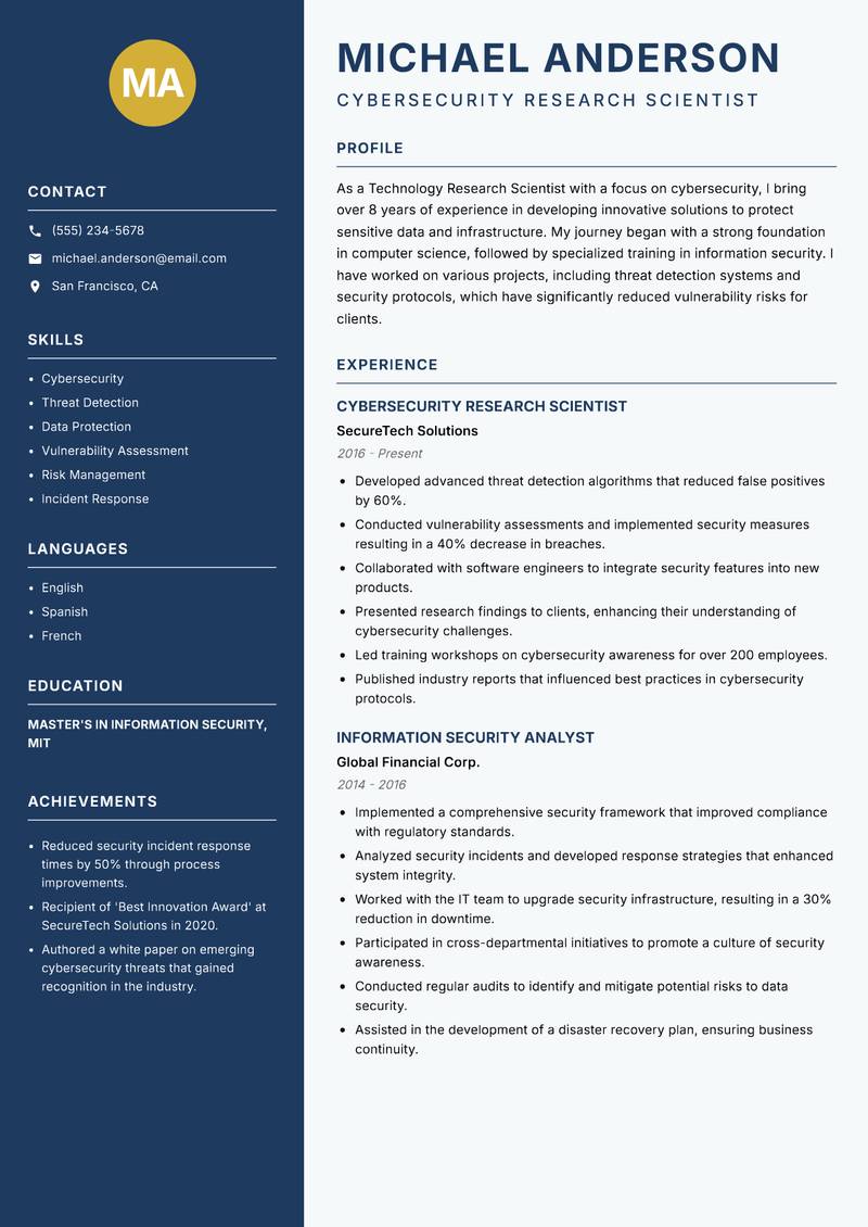 Technology Research Scientist resume sample — Cybersecurity Research Scientist focus