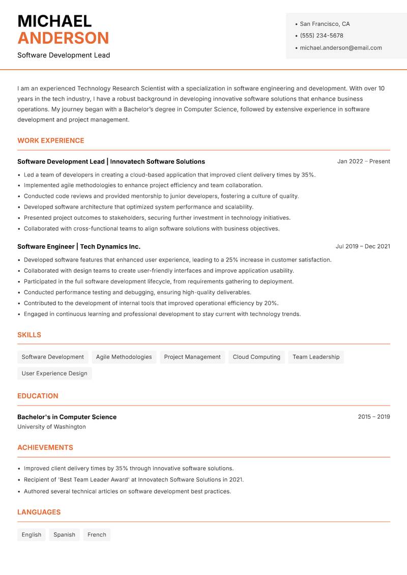Technology Research Scientist resume sample — Software Development Lead focus